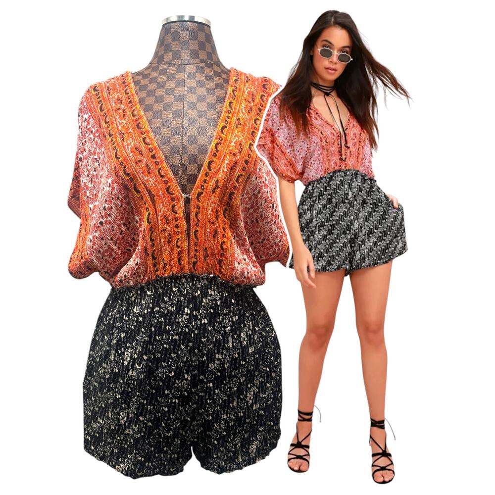 Free People Arizona Festival Romper Size Small Orange Black Floral Boho Playsuit